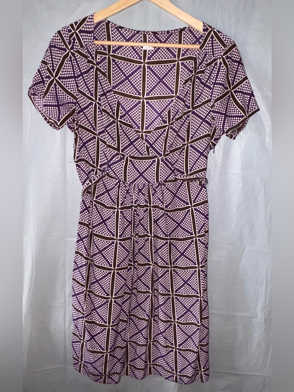 J. Crew Dress Sz 6 Purple Brown‎ Geometric Print 100% Silk Luxury Polka Dot Midi